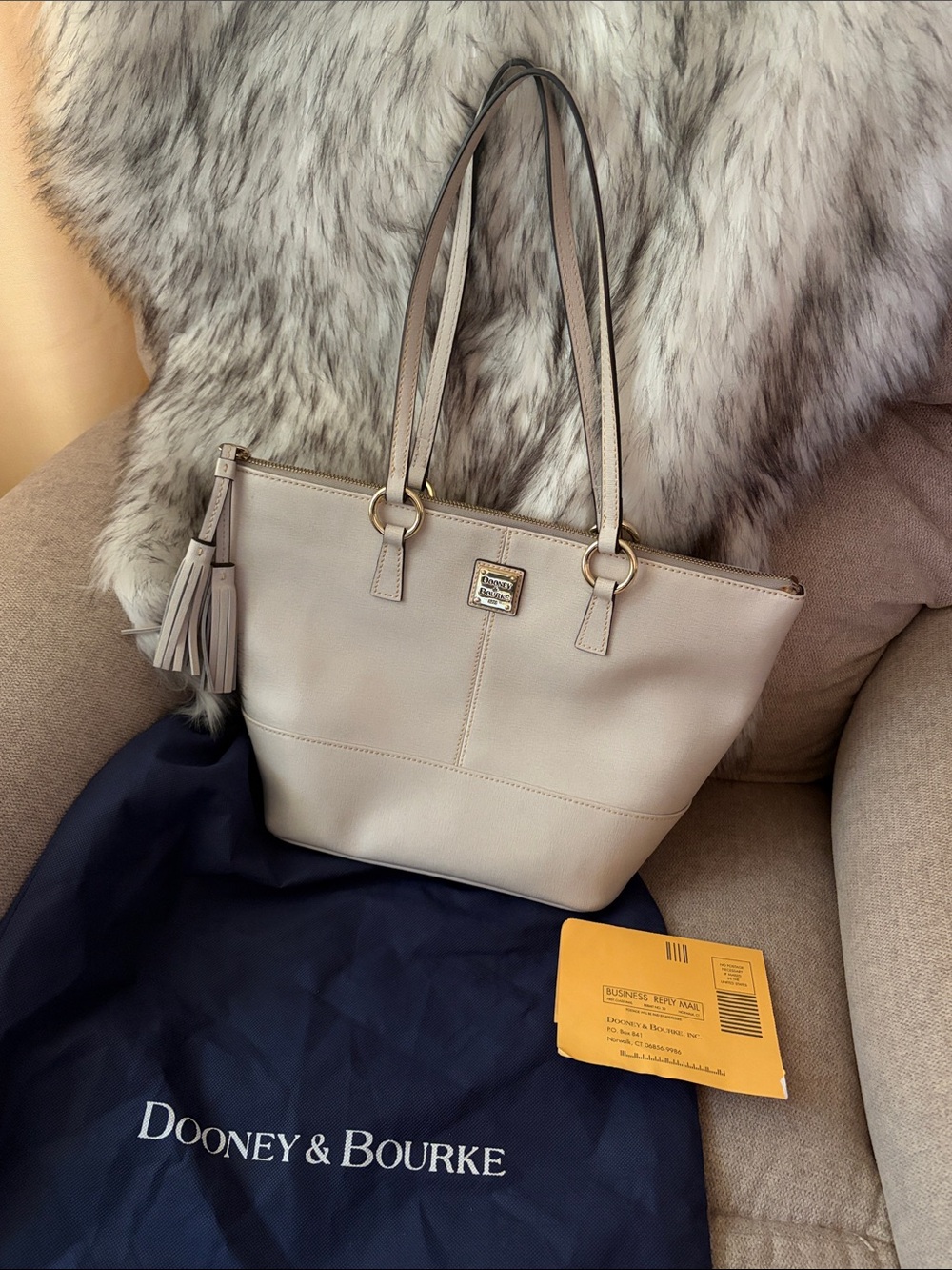 Dooney & Bourke Beige Saffiano leather Tobi Tote with Tassel & dust bag. - Picture 3 of 10